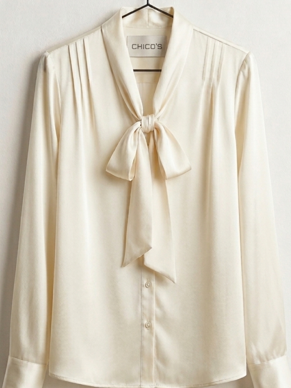 NWT Chico's Ivory Satin Tie-Neck Blouse